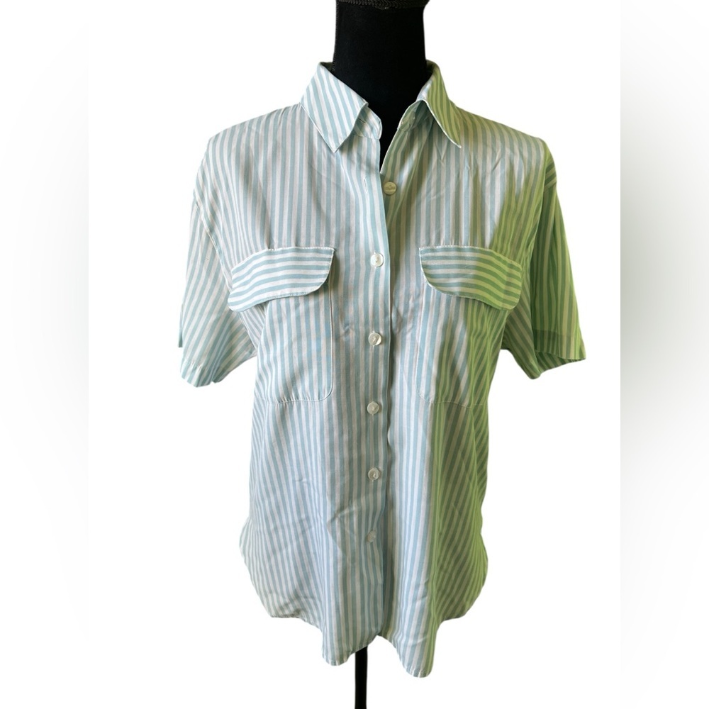 Vintage Joanna Blue White Striped Collared Button Down Short sleeve Blouse Top S